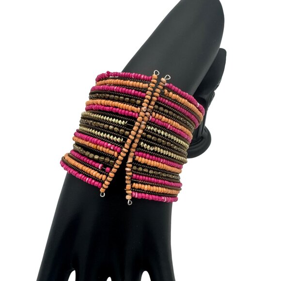 Multicolor Beaded Cuff Bracelet With Pink Gold Brown Beads - Picture 3 of 4